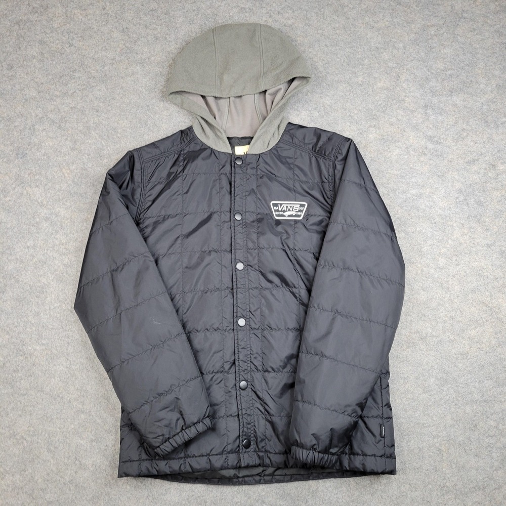 Vans Jacket Mens Large Black Hooded Quilted Snap Front Lightweight Nylon